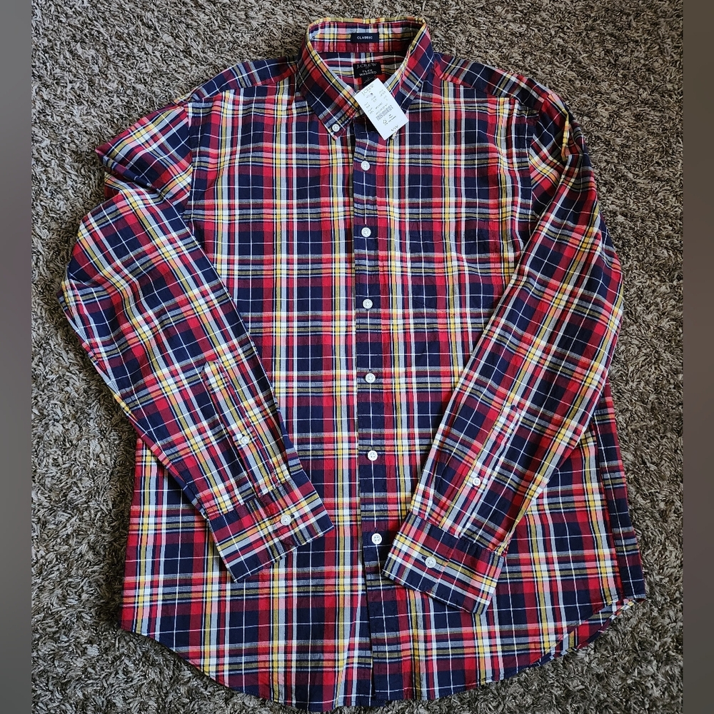 NWT J.Crew Classic Flex Washed Red Multicolor Long Sleeve Button Up Men's L
